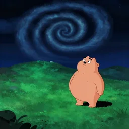 night chubby cartoon concept art, grass spiral mountain nightscape, from lorax movie, black blue green, spiral clouds, sam and max
