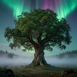 Tree of life with big trunk and sits in the misty swap of the magical asgard the aurora sky looms above. Concept art by Noah Bradley, photoreal, cinematic lighting photorealistic, atmospheric, volumetric, vibrante ultra detailed, ultra realistic, matte painting trending on artstation, high quality printing, fine art with subtle redshift rendering