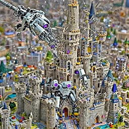 robot with purple lights destroying a fantasy castle, professional photo, hdr, bokeh, sci fi, tiny castle, fantasy, small world, toys