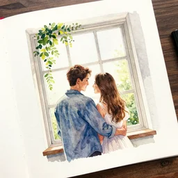 hyper realistic watercolor panting on paper, in academic style, of couple in love by the decorated window. beautiful lighting. flowers. clear face. subsurface scattering shiny skin. beautiful lighting, 4 k post - processing, trending in art station, cg society, highly detailed, 5 k extremely detailed, 3 d. cinematic scene. sharp image.