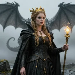 a realistic detail portrait of a beautiful queen in middle earth, raining, mist, magic, dragon, goth by Julian calle, wlop, greg rutkowski, Finnian MacManus, Trending on artstation, black  and yellow scheme, 8k, RE Engine