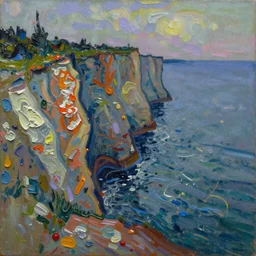 painting of cliffs in the evening painted in the style of Jackson Pollack, large brush marks, with lots of scumbling, scumbled thick oil paint, oily high relief, shiny and painted in a style of painting similar to Van Gogh but more impasto and less hatching, splatter style