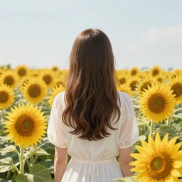 the back of a woman in a field of sunflowers, art by artgerm and makoto shinkai, sunset, portrait, highly detailed, digital painting, trending on artstation, concept art, sharp focus, illustration