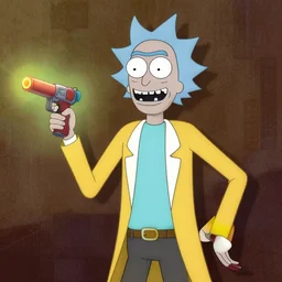 a portrait of rick sanchez using a teleportation gun by giuseppe arcimboldo