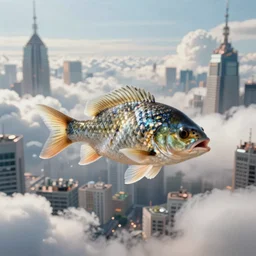 hyperrealistic fish swimming through puffy clouds above dystopian tokio matte painting concept art salvador dali alex grey cinematic soft glow lighting high angle hd 8k sharp shallow depth of field
