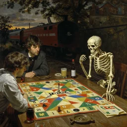 painting by dean cornwell, ilya repin, nc wyeth painting, ultra wide, skeleton waiting for his turn on railroad inc, boardgame night