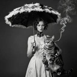 photographic portrait max ernst sad woman giraffe feathers, robotic, wearing a summer dress, holding an umbrella and a giant cat, spiraling cigarette smoke, editorial