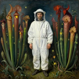botanist in white beekeeper suit lost among the carnivorous plants with fireflies and devil creatures. painting by mikalojus konstantinas ciurlionis, bosch, max ernst, agnes pelton, rene magritte