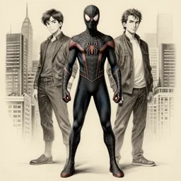full body portrait spiderman by yusuke murata and masakazu katsura and zack snyder, artstation, highly - detailed, detailed!, cgsociety, pencil and ink, city in the background, symmetric body, dark colors, 2 arms and 2 legs