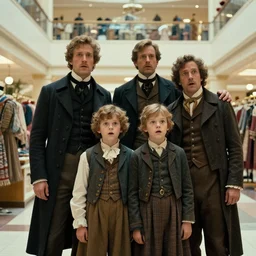 sharp, highly detailed, 8192k film, 3500mm film still from a sci fi blockbuster color movie made in 2019, a family of four time travelers from 1860 travel in time to 2019, appearing in a shopping mall, looking surprised, the family are all wearing 1860s era clothes, cinematic lighting, in focus, cinematic still, high quality scan, in focus