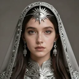 portrait of a priestess with long hair and a veil in her head. She wear a silver detailed symetric amulet of a sun eye. Epic fantasy. beautiful. face symetric cinematic top lighting, insanely detailed and intricate, face by wlop, Charlie Bowater, golden ratio, symmetric, elegant, ornate, luxury, elite, matte painting, cinematic, trending on artstation, deviantart and cgsociety, 8k, high resolution