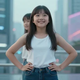 portrait of 2 5 - year - old woman with angle 9 0 ° centred looking away fresh air, strong spirit and look happy, perfect hips, 8 k, cinematic scene, background city blured futuristic