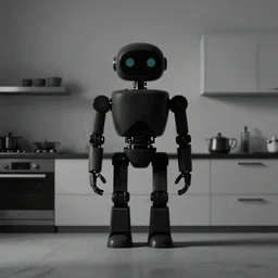flat low contrast image of an organic robot in a minimal kitchen