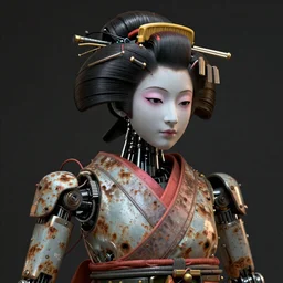 Portrait of a slightly rusty, beaten-up Japanese robotic geisha with wires and actuators, dramatic lighting, hyper-realistic, ultra-realistic, intricate details, 8K Ultra High Definition, digital art