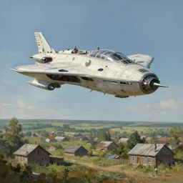 a beautiful matte painting of a flying space ship over old soviet village, simon stalenhag and jakub rozalski and alan bean, trending on artstation, realistic rendering