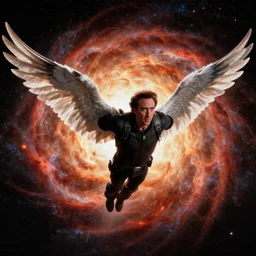 nicolas cage with wings flying through space in front of a supernova