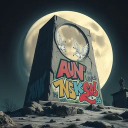 a funky monolith on the moon, concrete, graffiti, runes, majestic