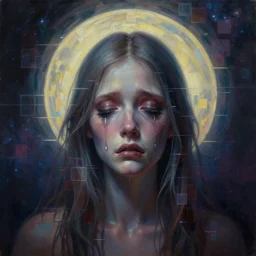 magic halo, broken soul, deep sickness and sadness oil paint, surrealist highly detailed at, galactic ethereal, trending on art station, multi media, emotional surrealism oil painting, tears, crying, glitching squares, very very very very very creative