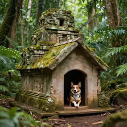 canine adventurer exploring ancient ruins of a jungle temple dog house
