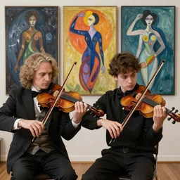 two young violin players getting ready to perform, francis bacon and pat steir and hilma af klint and james jean, psychological, photorealistic, intriguing details, rendered in octane, altermodern