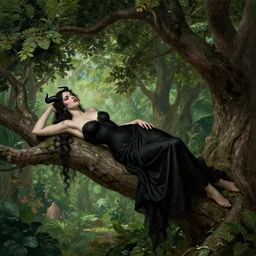 a beautiful female satan wearing a black dress, lying on a branch of a great tree in the garden of eden. artstation, intricate details, hyper details, by gaston bussiere and sandro botticelli