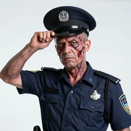 a perfect colour portrait of a policeman tipping his hat. his leathery squidlike skin is contracting rapidly and ripping. leaking pva glue from the fissures in his stressed, agonising skin. brightly lit studio lighting