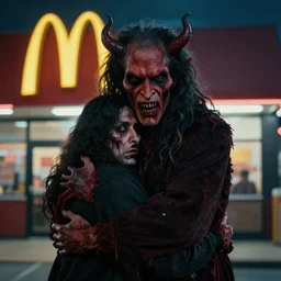 a scary demon hugging robert johnson at a mcdonald's, photograph
