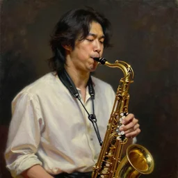 korean guy playing saxophone long hair, rembrandt, oil on canvas