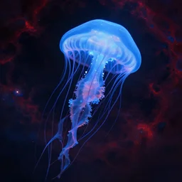 beautiful blue jellyfish, mystical, nebula in jellyfish, blue and red