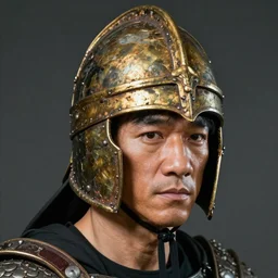 photorealistic face of Bruce Lee wearing a medieval helmet, golden, carved and rusty