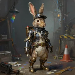 ultra realist soft painting of a single steampunk humanoid rabbit detective, crime scene, very intricate details, volumetric rainbow lighting, reflections, refractions, symmetry accurate anatomy features, fantasy background, unreal render