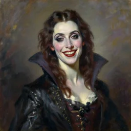 impressionist brushstrokes!!!! lisa frank and bosch and richard schmid and jeremy lipking victorian loose genre loose painting full length portrait painting of a victorian vampire smiling creepily