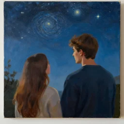 painting of young man and woman with long brown hair star gazing