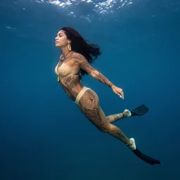 underwater photography full body portrait, low angle, from below, of beautiful simple amazonian diver tattooed young hunter pincess swimming underwater, low angle, realistic, 4 k, high quality, masterpiece photography by terry o'neill intricate, elegant, highly detailed, smooth, sharp focus, by artgerm and greg rutkowski and alphonse mucha, 8 k