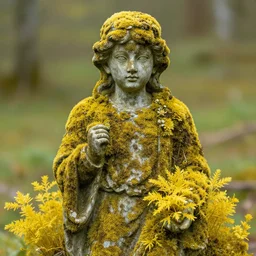 statue with very yellow moss and yellow plants