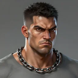 realistic head portrait, 30 year old man,  darker taint :: athletic, rough, angered :: short black hair :: chain mail :: high detail, digital art, RPG, concept art, illustration