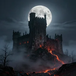 an old castle rising up from the mist at night silhouetted by a huge moon, anders zorn, stephen hickman,  brutalist, James Paick, Julian Falat, ultra realistic, trending on artstation, lava, dungeons and dragons, spooky, haunted, thomas kincade