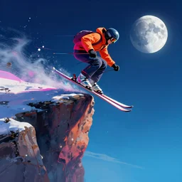 skiing off a cliff on the moon, electric colors, digital painting