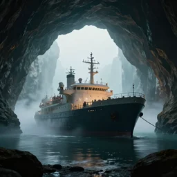 cinematic mid shot of a ship inside a cavern with a lake, light fog, trending on artstation, ambient light, 4 k, masterpiece