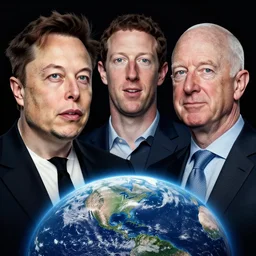 portrait of elon musk, mark zuckerberg and jeff bezos together, looking at planet earth, very detailled, art contest winner on behance, trendy on deviant art, by by artgem, greg rutkowski
