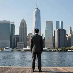 man in a suit standing facing a city skyline, 4 k - hd photorealistic photo