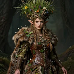 extremely beautiful portrait depicted a scene with an elf queen, clothed with a rich cloth made of fur and leather and spike ivy, ornamented with a lot of ancient decor, also she wears a huge beautiful crown made of grass, flowers and bark. by daniel f. gerhartz and artgerm and greg rutkowski, dark fantasy art, intricate details, energetic mood, golden ratio composition, trending on artstation, volumetric lighting, 4 k, 8 k