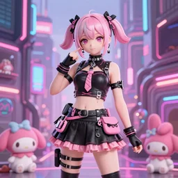 3 d anime render of a decora gyaru kawaii cybergoth emo fashion model vtuber, in a cyberpunk blade runner maximalist city of my melody sanrio plushies, wlop artstation imaginefx