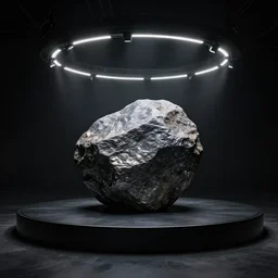 a large boulder rock with a metallic finish is embedded in a circular matte black industsrial stage in the center of a dark space, a ring of overhead lights cast onto the rock and it throws caustic reflections into space, low misty atmosphere, hyper realistic image in the style of jeremy geddes but photo real, dark black space, 8k octane render
