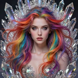 demon goddess with rainbow windswept hair portrait surrounded by crystals, hyper - detailed, cgsociety, 8 k, high resolution, in the style of charlie bowater, tom bagshaw, norman rockwell, gerald brom, adam hugh