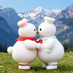 saturated colour photography of stay puft marshmallow man kissing each other, trough the mountains, very detailed focused photography cinematic lighting, sun and shadows, taken by martin parr, colour photo kodachrome