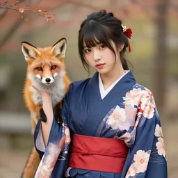 half fox, half japanese girl with half open kimono