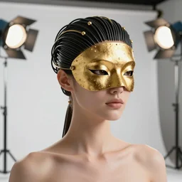 complex 3 d render, ultra detailed, beautiful natural light, studio lights, rim light, white studio, fascinating female, 1 5 0 mm lens, female wearing a golden mask with black wires on her head, solarpunk, futuristic design, elegant, hyper realistic, ultra detailed, octane render, h. r. giger style, volumetric lighting, 8 k post - production