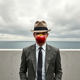 front on view of a man in a business suit and bowler hat standing in front of a short wall, an apple is in front of his face, grey clouds and calm ocean are behind him
