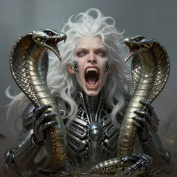 Death is swallowed up in victory, very detailed and beautiful face, white hair, screaming, holding a mechanical Cobra, artwork by artgerm, centered face shot, wide angle, full body, Elfpunk, mythpunk, DD, fantasy, highly detailed, digital painting, artstation, smooth, sharp focus, art by thomas kinkade and H.R. Giger and Tyler Edlin